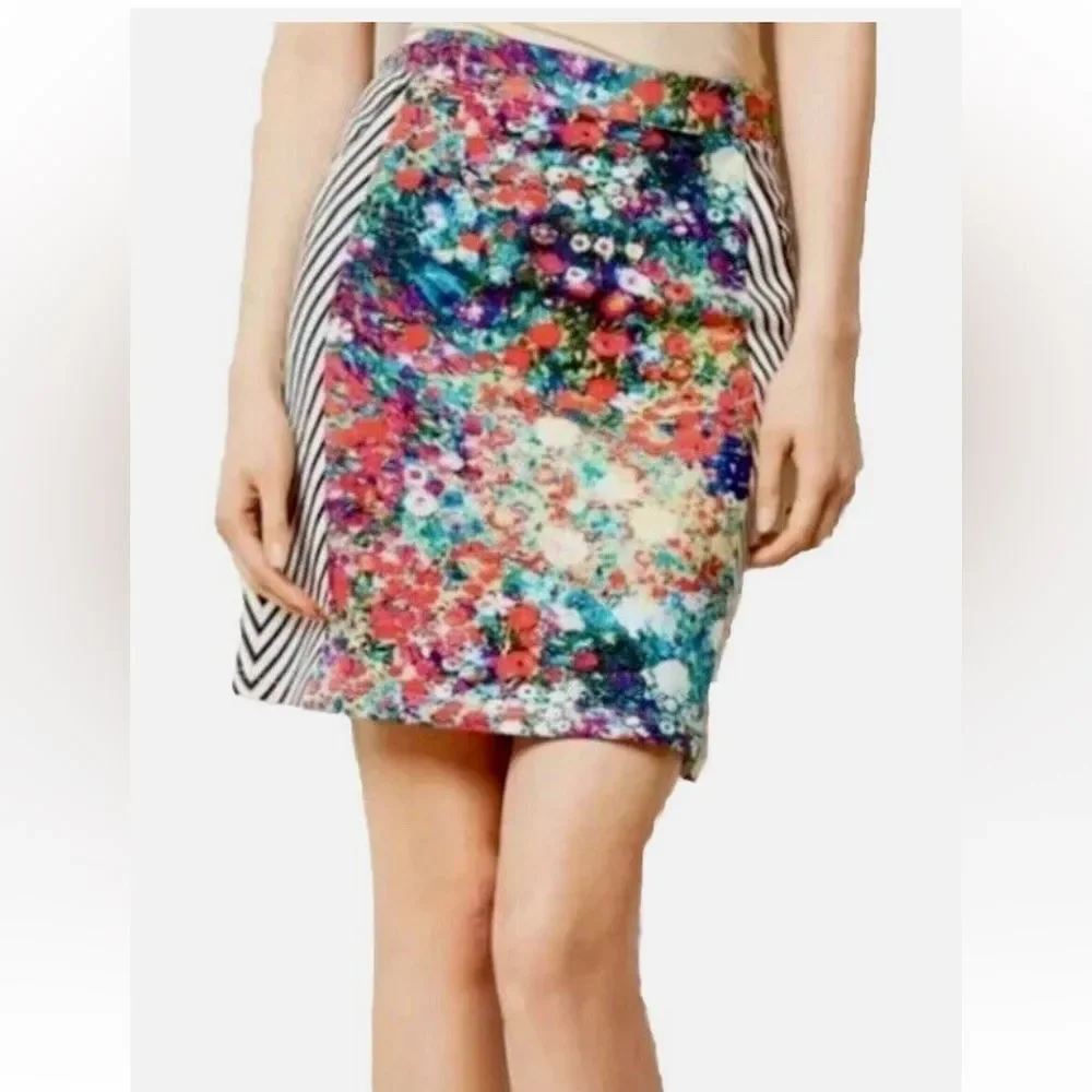 Anthropologie Tabitha Floral Watercolor Striped Pencil Skirt